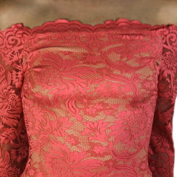 Coral Lace Overlay Dress 3/4 Sleeve Size Small - Picture 3 of 9
